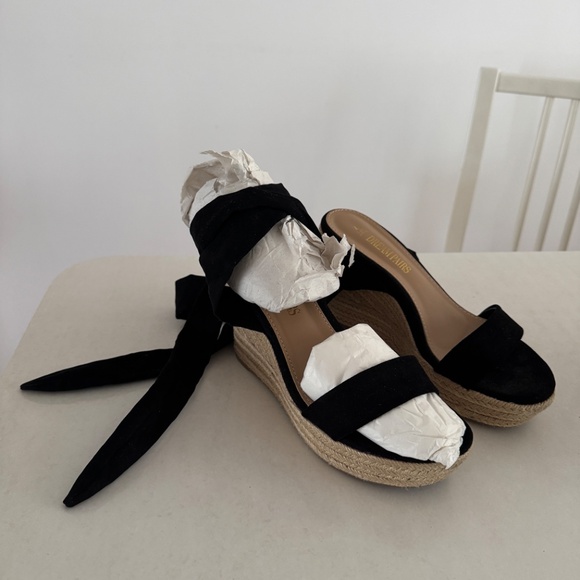 Black Espadrilles Ankle ribbon Tie Lace Up Platform Wedges sz 7 high heel shoes - Picture 7 of 13